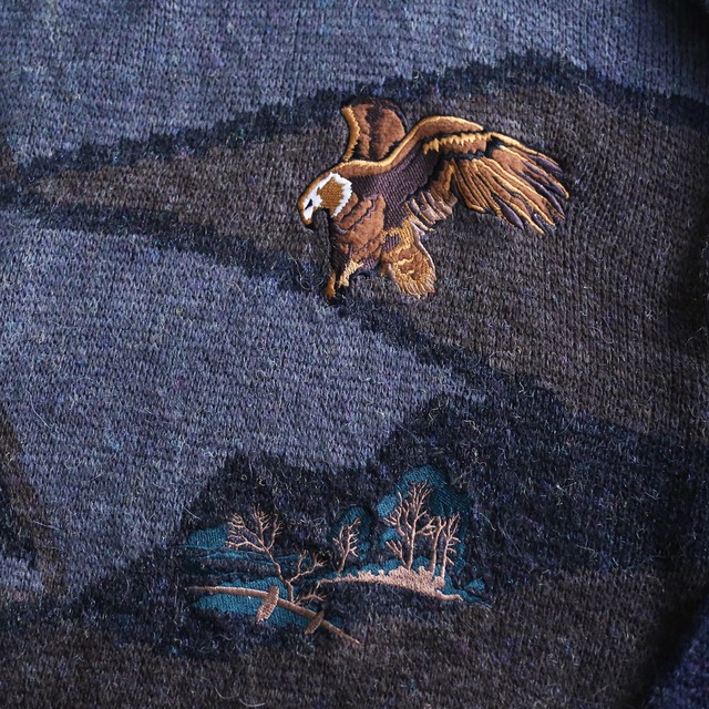 "鷹×庭園" embroidery loose silhouette design knit sweater