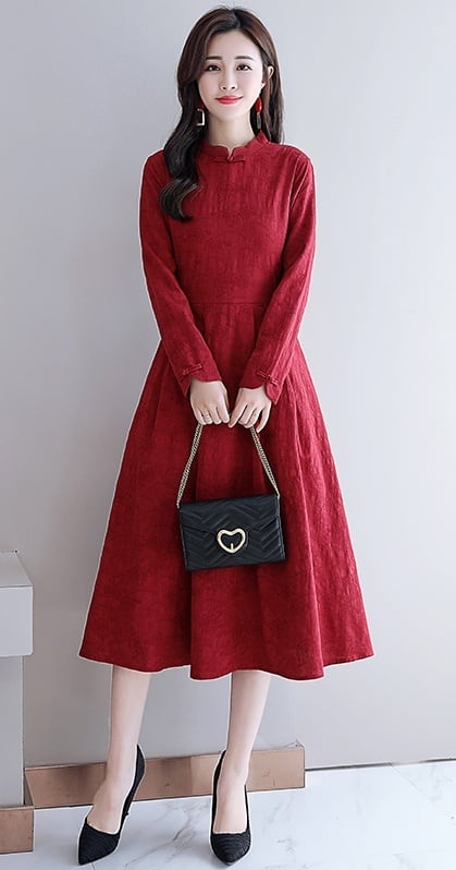 チャイナ風 ワンピース スタンドカラー フレアスカート 長袖 ワイン