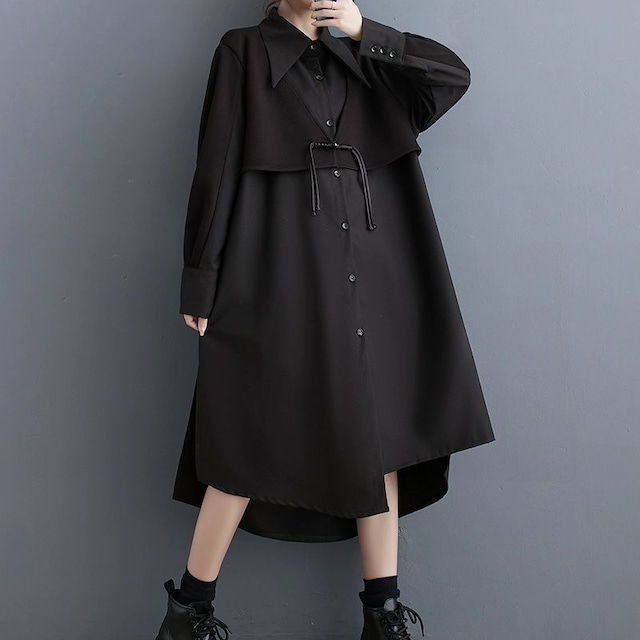 BLACK FAKE-2-PIECE DESIGN MIDI A-LINE SHIRT DRESS 1color M-8570