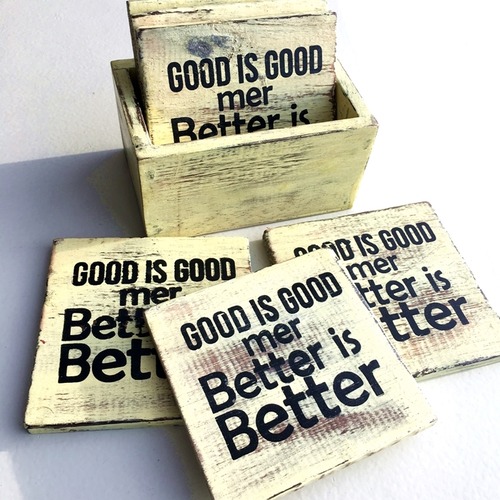 海を感じる メッセージ 木製コースター 6P 収納BOX付(ライトイエロー)【バリ島直輸入】