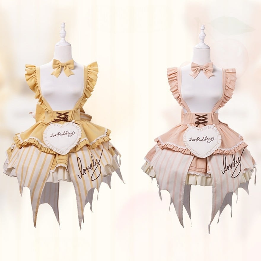 スイーツカラーの甘ロリJSK|ハートエプロン付きストライプジャンパースカートセット