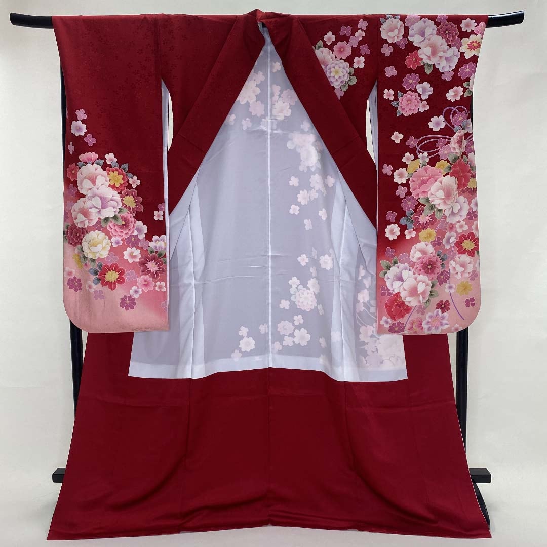 中古 振袖 正絹 美品 花柄 L サイズ 赤 黄色 ピンク 成人式 古典 中古 振袖 正絹 美品 花柄 L サイズ 赤 黄色 ピンク 成人式 古典