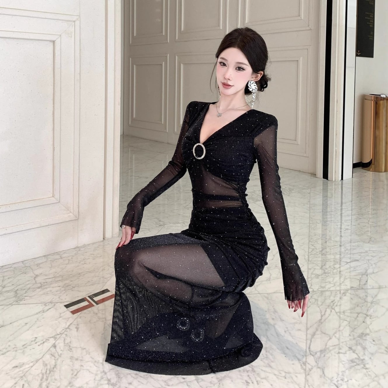 Lady's coco ロングドレス キャバドレス セクシー ストーン 深Vネック