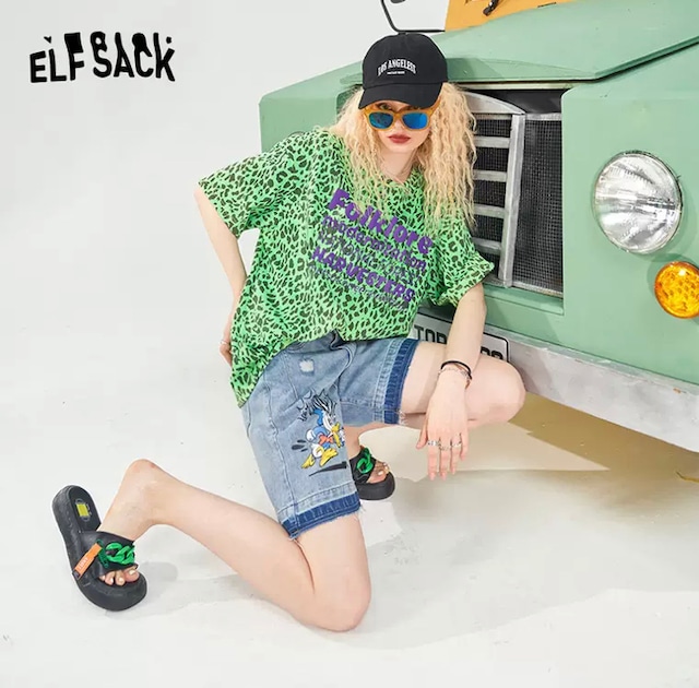 TBS系列『ラヴィット！』 EXIT 兼近大樹様 ご着用＜ELF SACK (エルフサック) ＞送料無料 Tシャツ カットソー プルオーバー 半袖 ヒョウ柄 英文字プリント トップス レディース