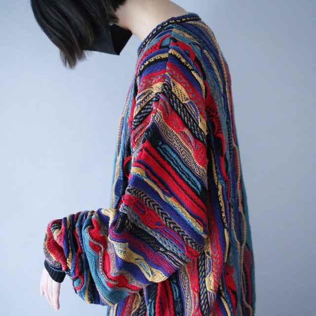 multi color crazy pattern loose silhouette 3D knit sweater