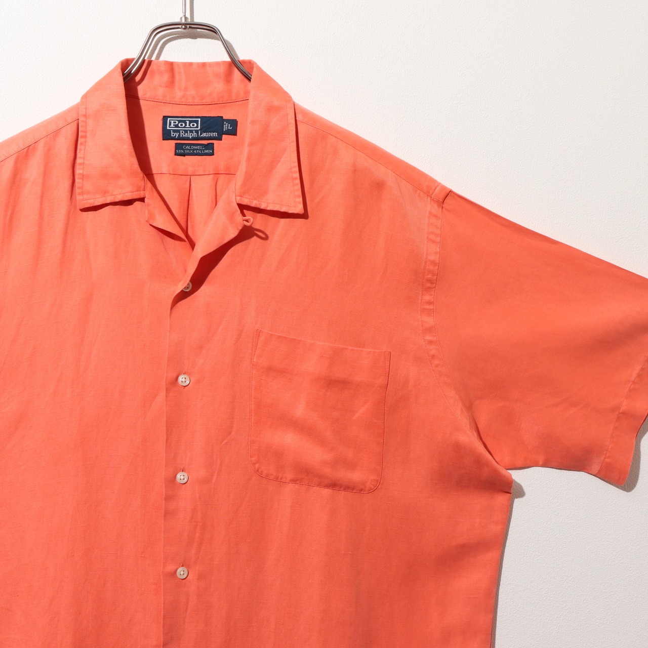 極美品 L コーラルピンク シルクリネン Caldwell Polo Ralph Lauren ポロラルフローレン 半袖開襟シャツ