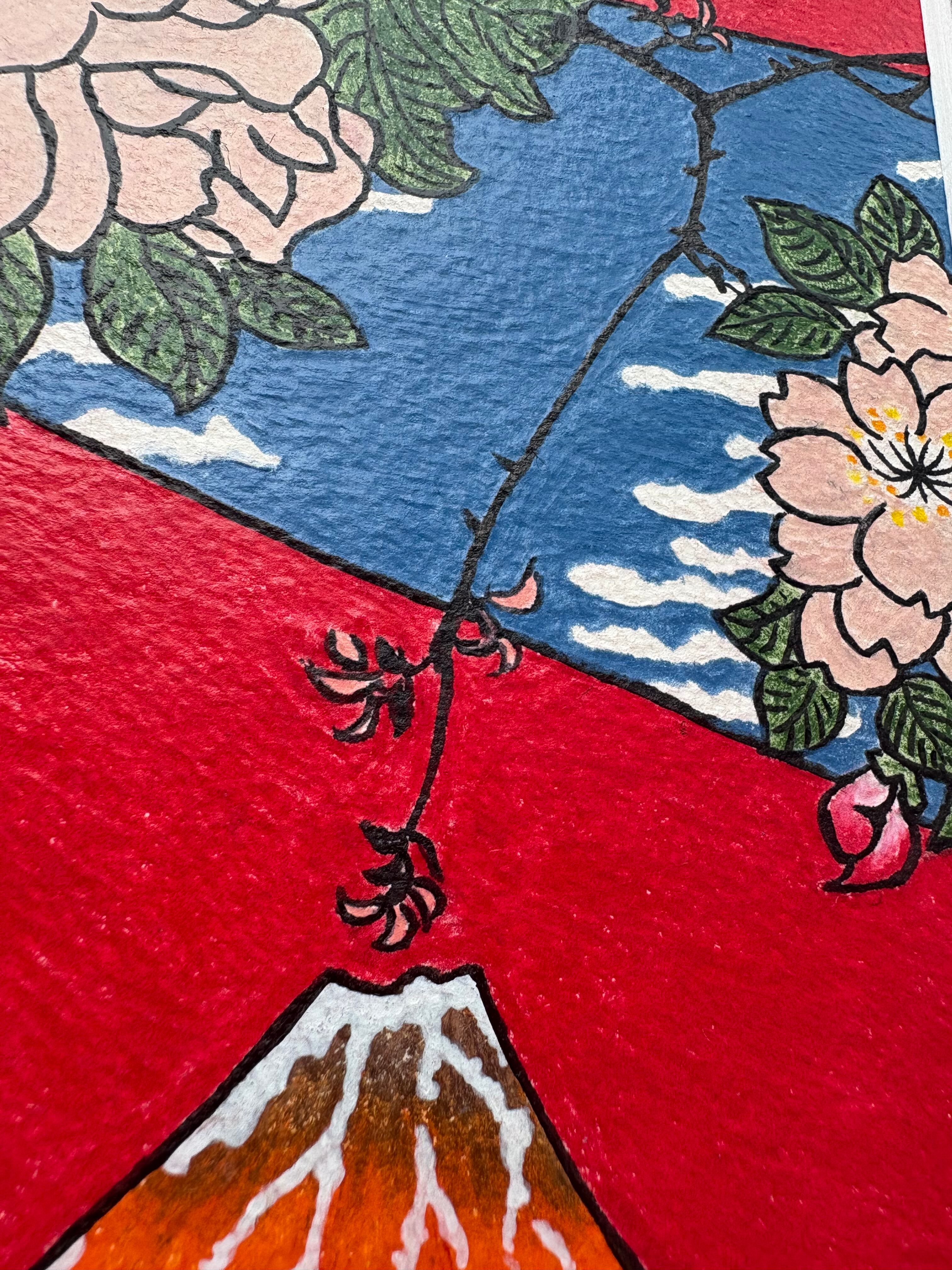 日本の夜明け】 色鉛筆画 和風イラスト 和柄 富士山 太陽 浮世絵 桜