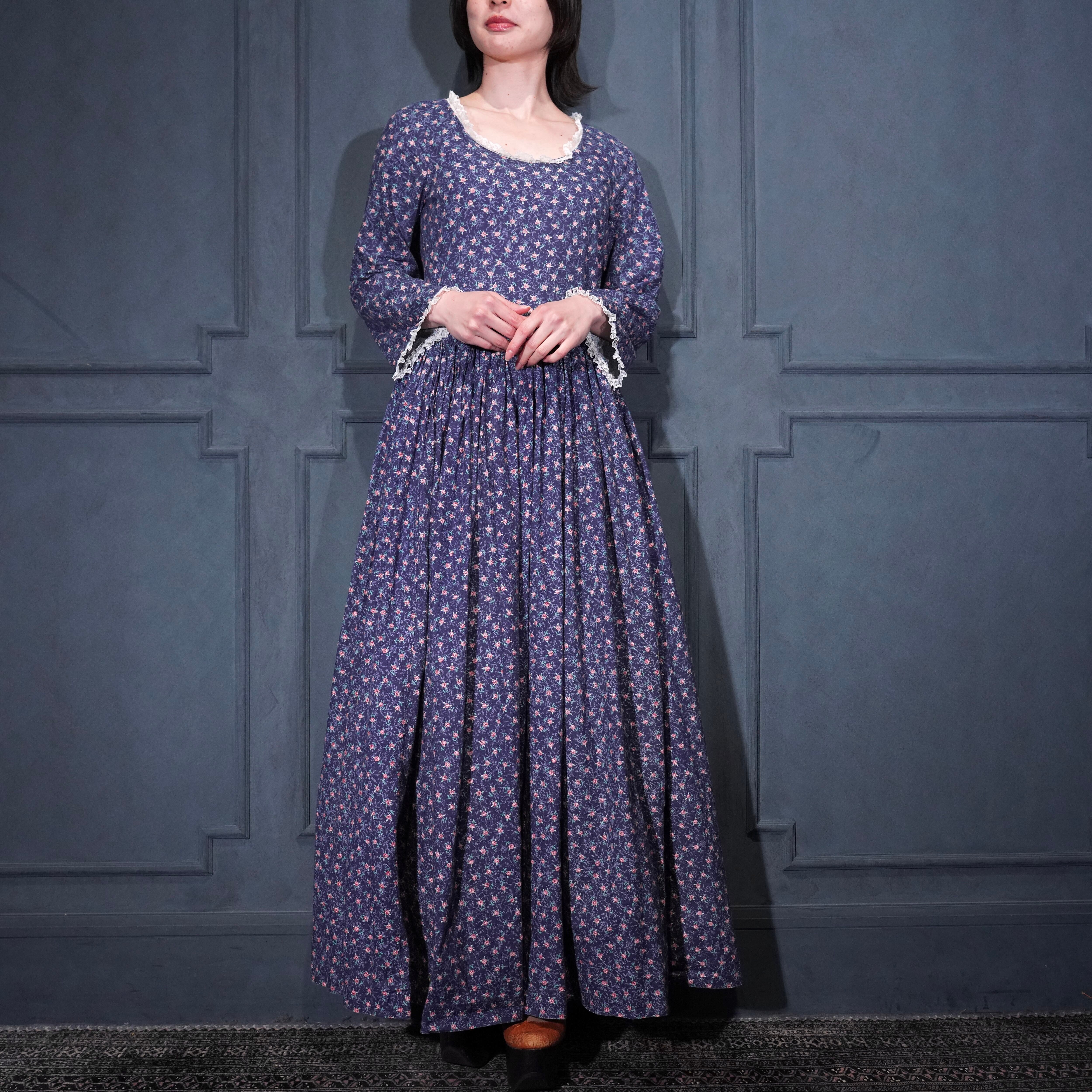 70's USA VINTAGE FLOWER PATTERNED LACE DESIGN COTTON DRESS ONE