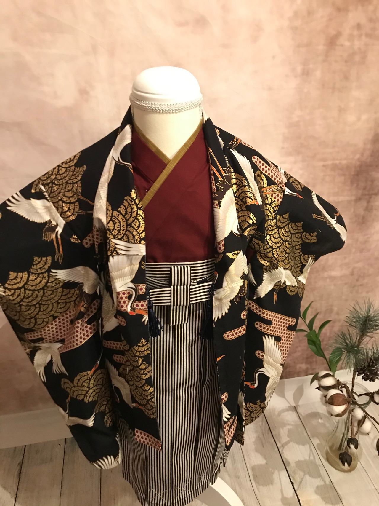 【受注製作】JAPANESE SWAN 青海波と鶴 ・SIZE95-110 男の子の祝い着 羽織 袴 3点セット