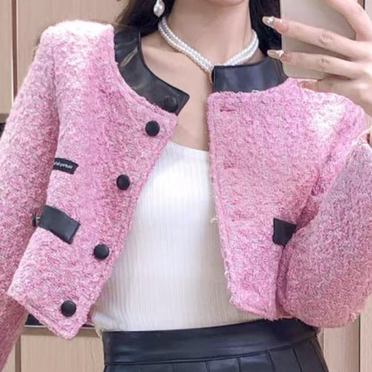 セットアップ】ミニスカート レザー ピンク セットアップ ピンク 白