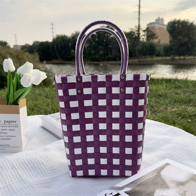 【新品未使用】カゴ風バッグ　生成り×パープル 新品未使用】カゴ風バッグ 生成り×パープル 新品未使用】カゴ風