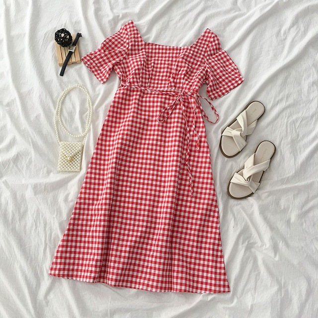 ワンピース ドレス レディースファション 着痩せ 可愛い デート 韓国風 カジュアル U型ネック 半袖 ショート丈 フリーサイズ レッド 赤い チェック柄 激安