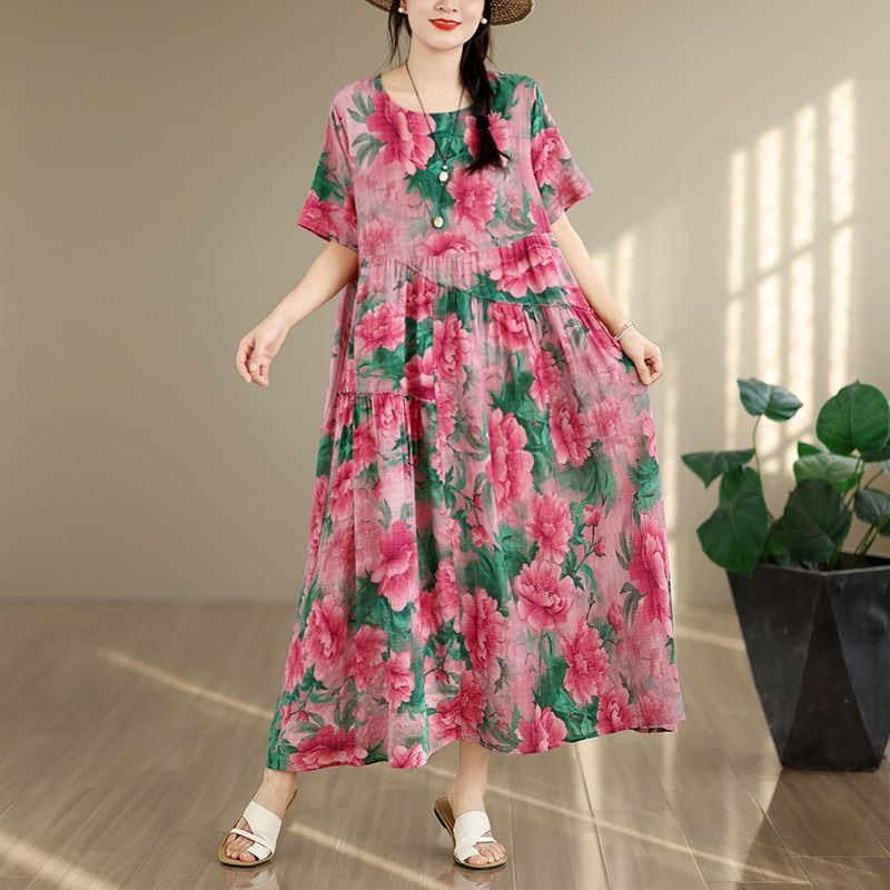 PRINT SHORT SLEEVE LONG MAXI RELAXED DRESS M-17986