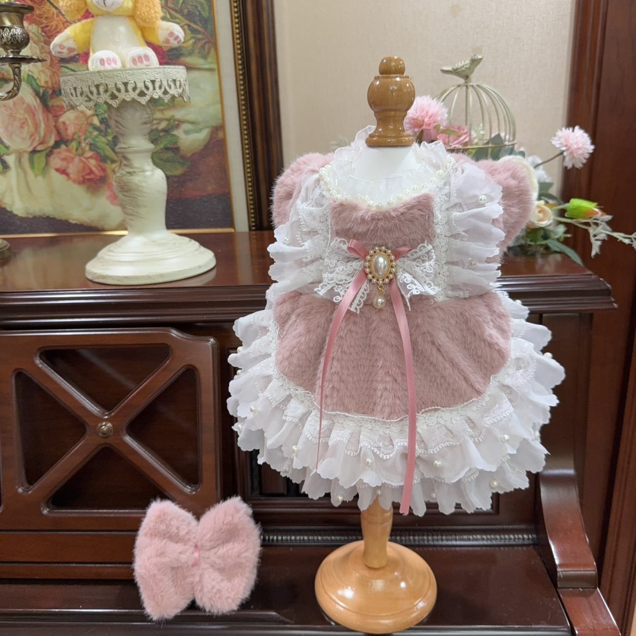 パールレース × ふわもこローズピンクドレス 00780