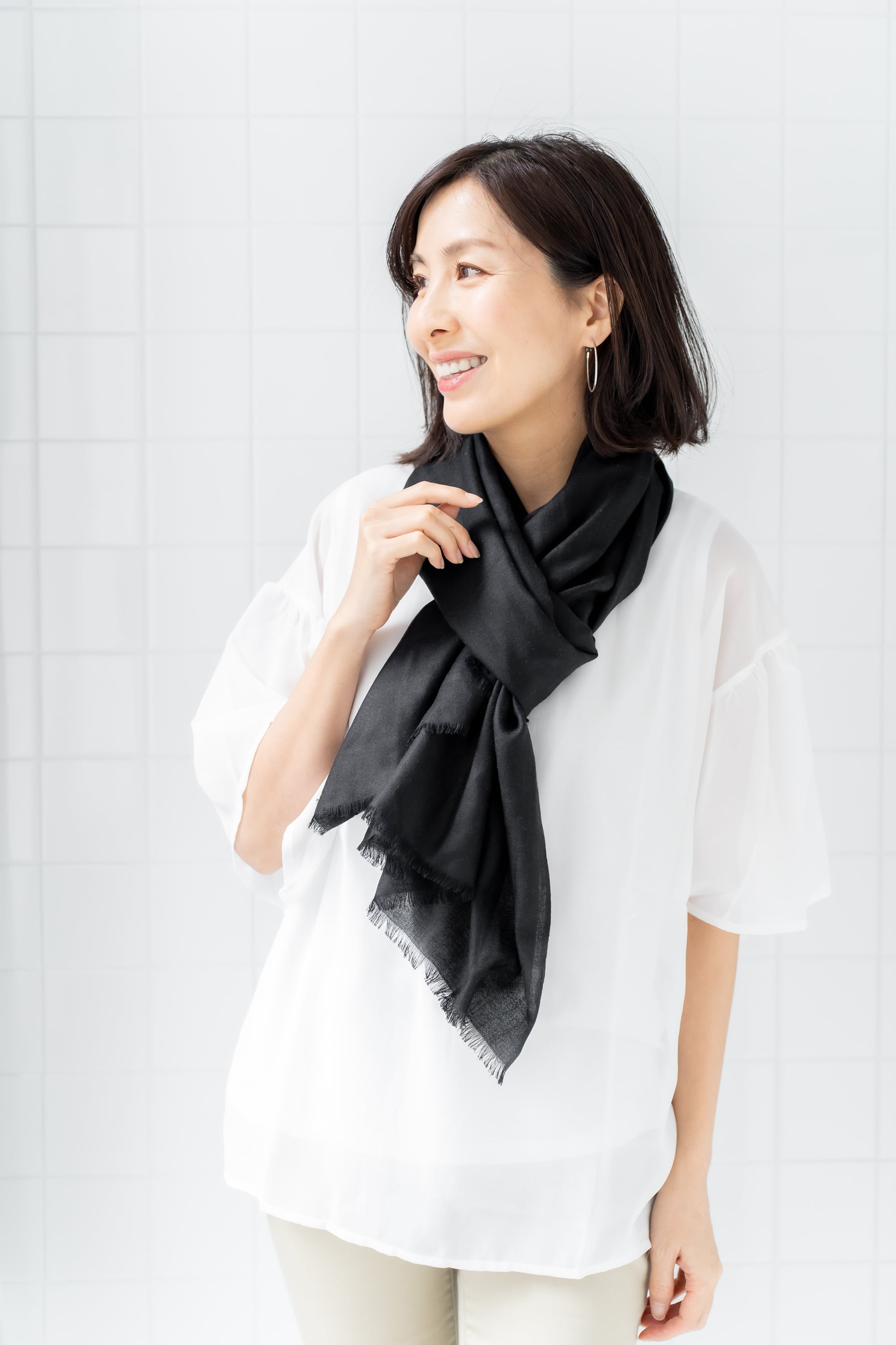 Kinukake - キヌカケ/ブラック カシミヤ50%シルク50%ストール 幅65cm