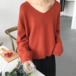 シンプル Vネック モテ ニット セーター Cute セクシー カラバリ 無地 萌え袖 袖コンシャス ボリューム袖 ビッグシルエット オーバーサイズ