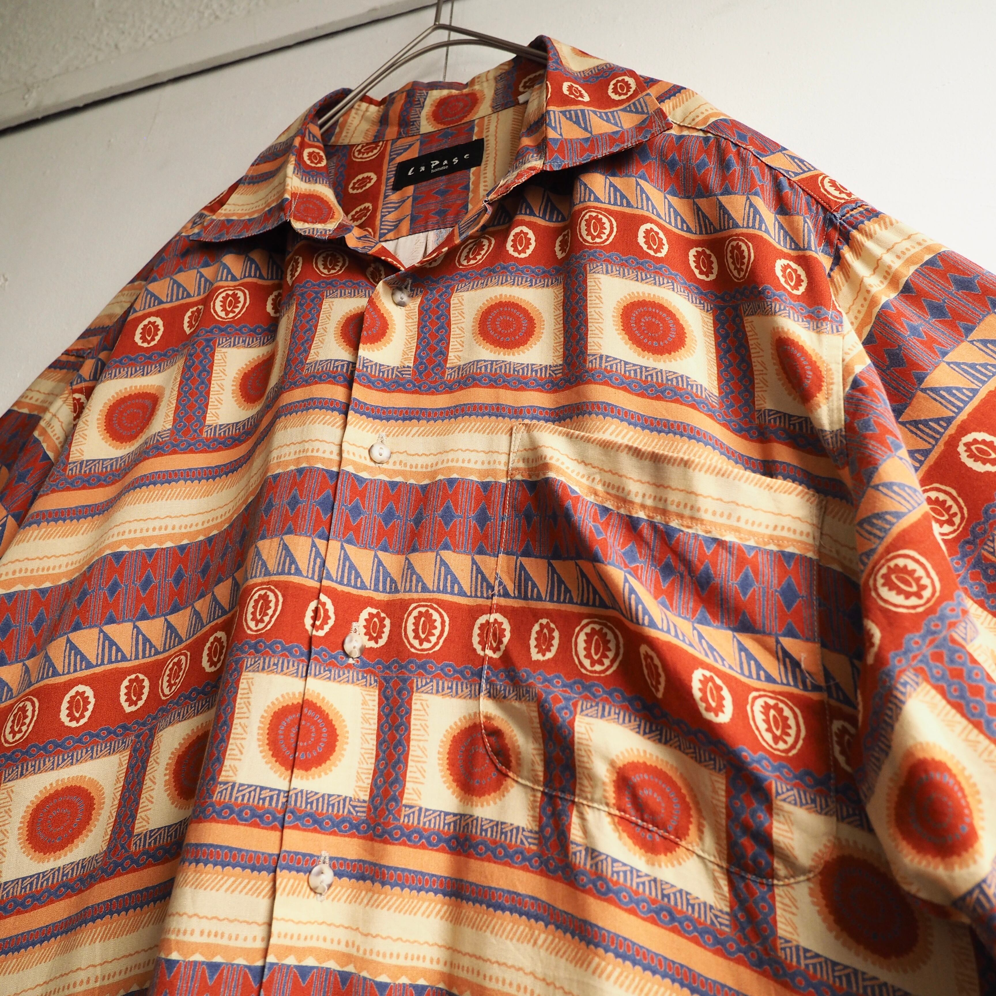 1990s ” Lapas homme ” Calm ethnic pattern vintage Drape loose rayon shirt