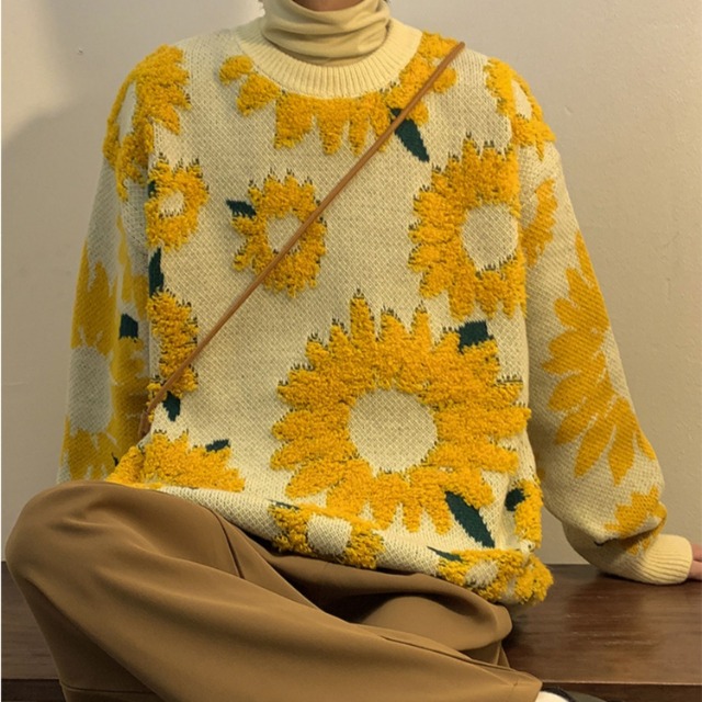 予約販売】ニット セーター オーバーサイズ ヒマワリ柄 花柄 