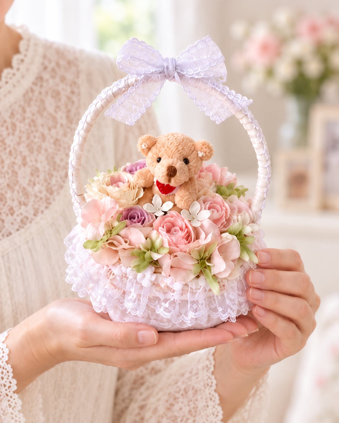 フラワーアレンジ｜うちの子と楽しむミニベアの花かご【AR-012】｜パステルフラワー｜ペットのいる暮らし｜ギフト｜ミニベア｜横15㎝ 高さ約18cm｜ギフト｜ミニベア｜横15㎝ 高さ約18cm