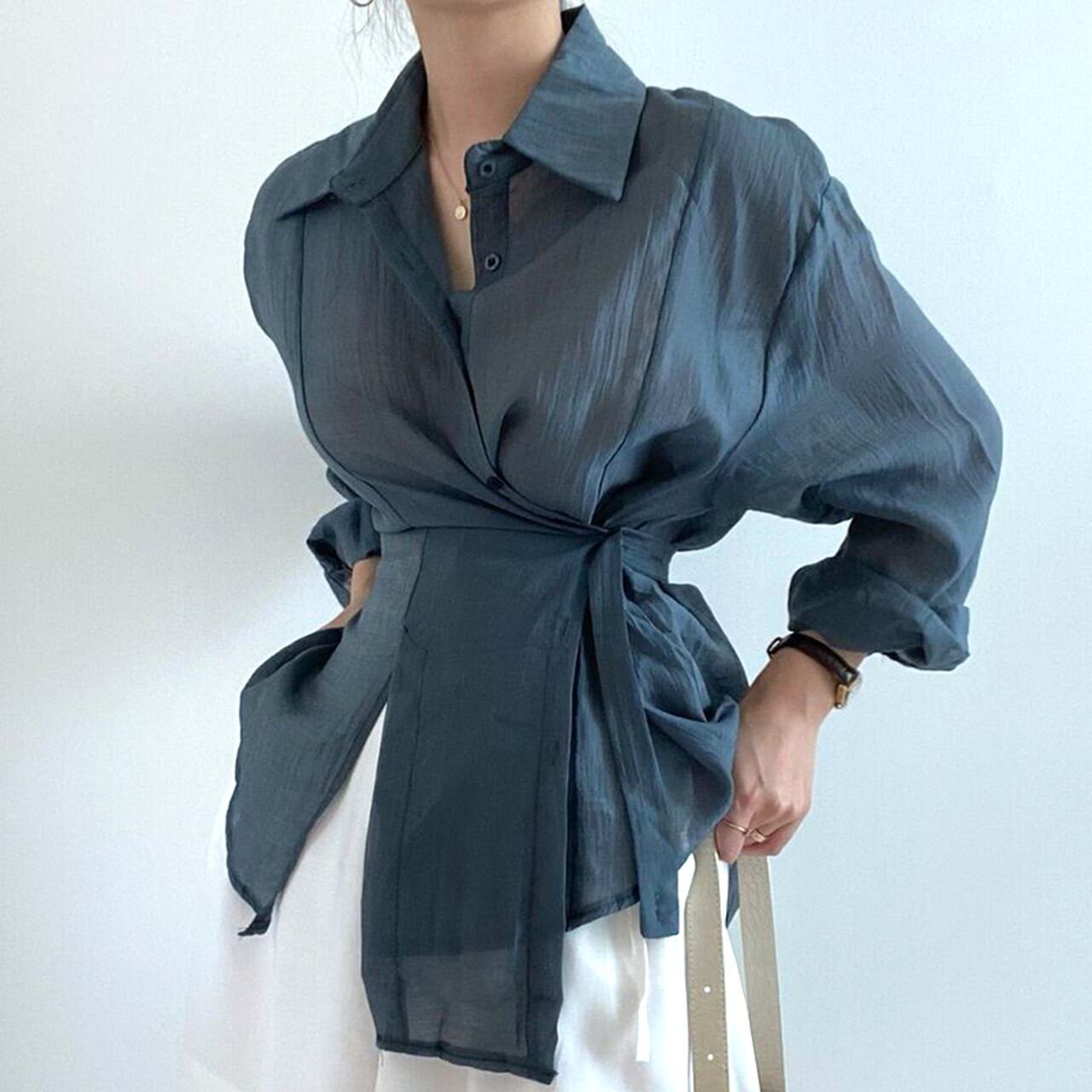 Waist ribbon sheer wrap shirt ◇2colors 1805