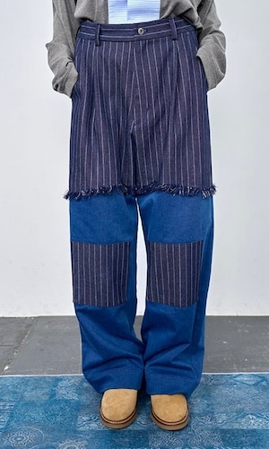 【Nora Lily】Sweat Denim Switching Pants-Indigo-