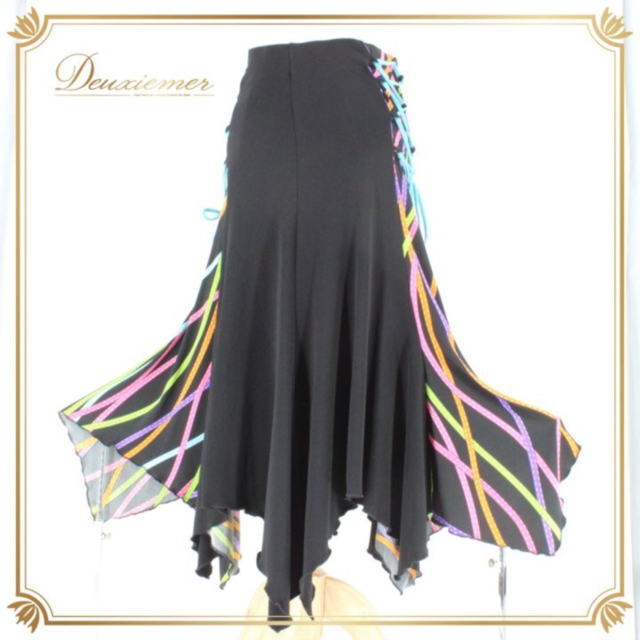 ダンス衣装 社交ダンス レディース レッスンウェア ブラック系 ピンク系 パープル系 ブルー系 グリーン系 イエロー系 オレンジ系 スカート レッスン ステージ衣装 フリンジ風 スカート丈 ミモレ丈風 練習着 ダンス発表会 華やか ブラック 黒 マルチカラー ウエストゴム フレア 切替デザイン 大きく広がる裾 動きやすい ポリエステル ダンスコーデ 社交ダンススカート ラテン モダン 競技 フィット感 伸縮 ストレッチ 柄ラインカラフル 裾広がり 裾フレア 衣装 女子 カラフル スリム見え 黒ベース