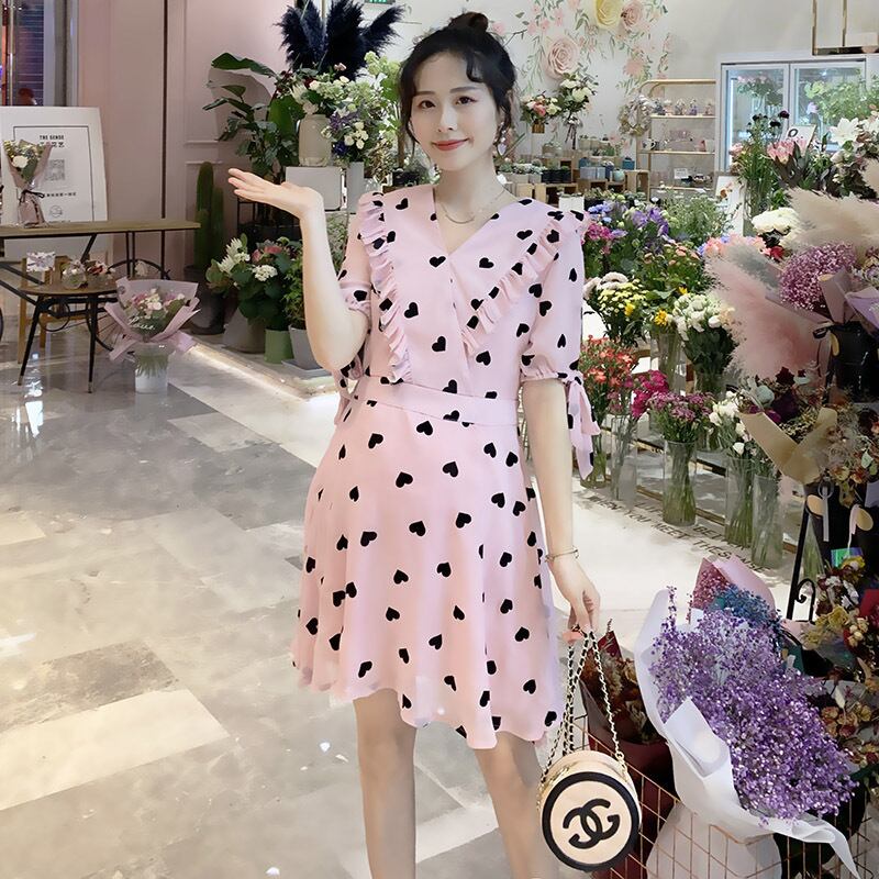 【新作】【送料無料】 マタニティウェア2020夏の新しいシフォンラブクロスネック年齢削減ドレス、トレンディな母親のミドル丈マタニティドレス-アリババ サマー 夏物 expec280818986904