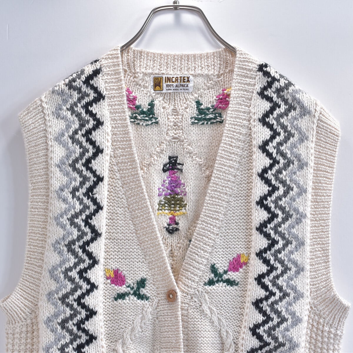 90s~ INCA-TEXジャガードデザイン アルパカウール カーディガンベスト ニット ヴィンテージ セーター ビンテージ ユニセックス メンズL相当