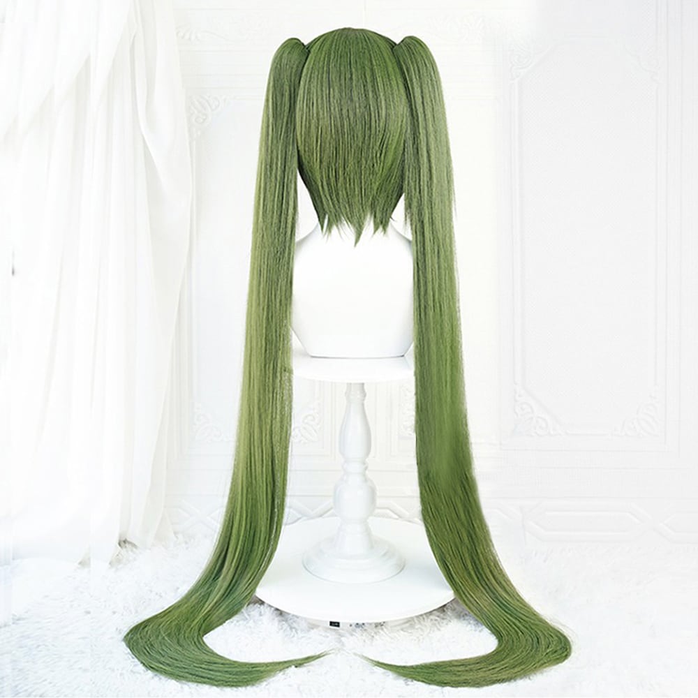 コスプレ耐熱ウィッグ モスグリーン ツインテール バンス付き
