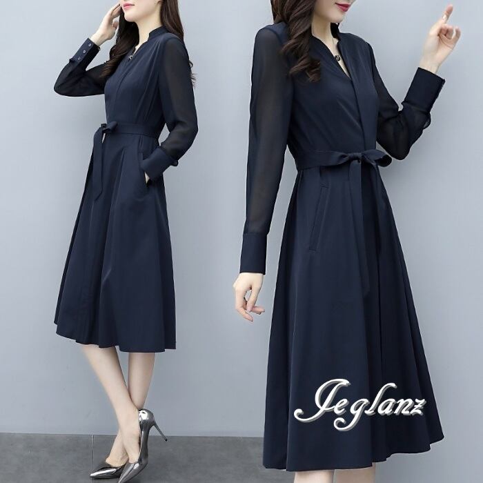 ワンピース 長袖 ドレス フォーマル 共ベルト きれいめ シンプル(MA941)γ