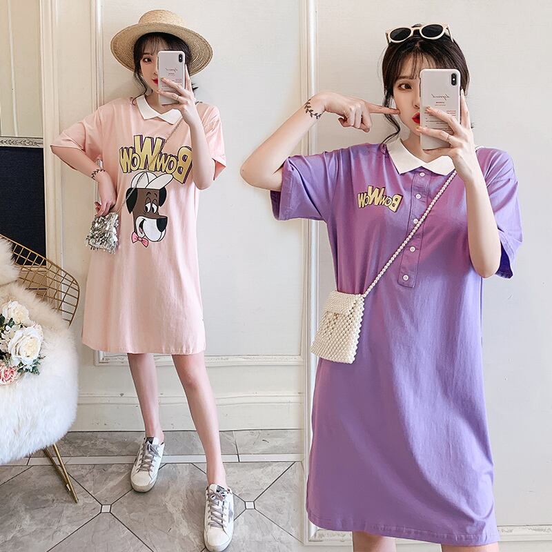 【新作】【送料無料】 マタニティドレスプリントポロネックフロントとバックはロングTシャツを着用 AL expec381737650891