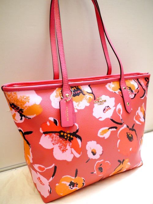 展示品◆COACH コーチ A4対応 フラワープリントデザイン レザー トート ハンド バッグ ピンク◆ 大胆な花柄がインパクト大の万能型トート♪