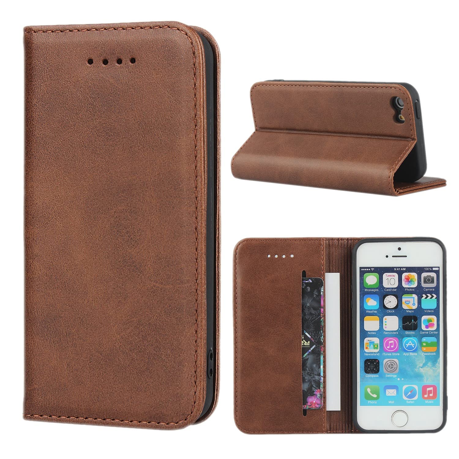 Pelanty for iPhone SE (第1世代) 2016 4.0'' 手帳型ケース for iPhone 5/5S 携帯カバー 合成皮革+TPU 内蔵磁気 財布型カバー 収納ポケット 横置きスタンド機能 アイフォンse/ 5/ 5s スマホケース 耐衝撃性 ダークブラウン