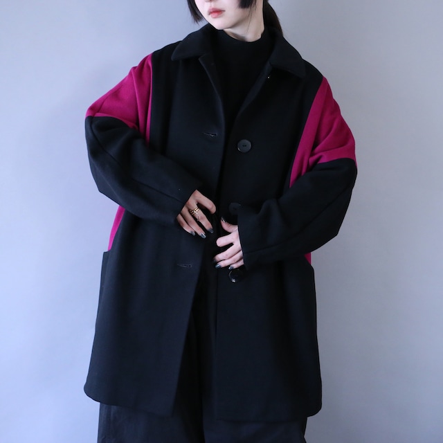 bi-color over silhouette dolman sleeve wool coat