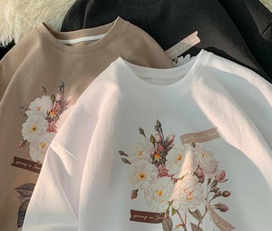 【韓国ファッション】レトロフラワープリント 半袖 Tシャツ