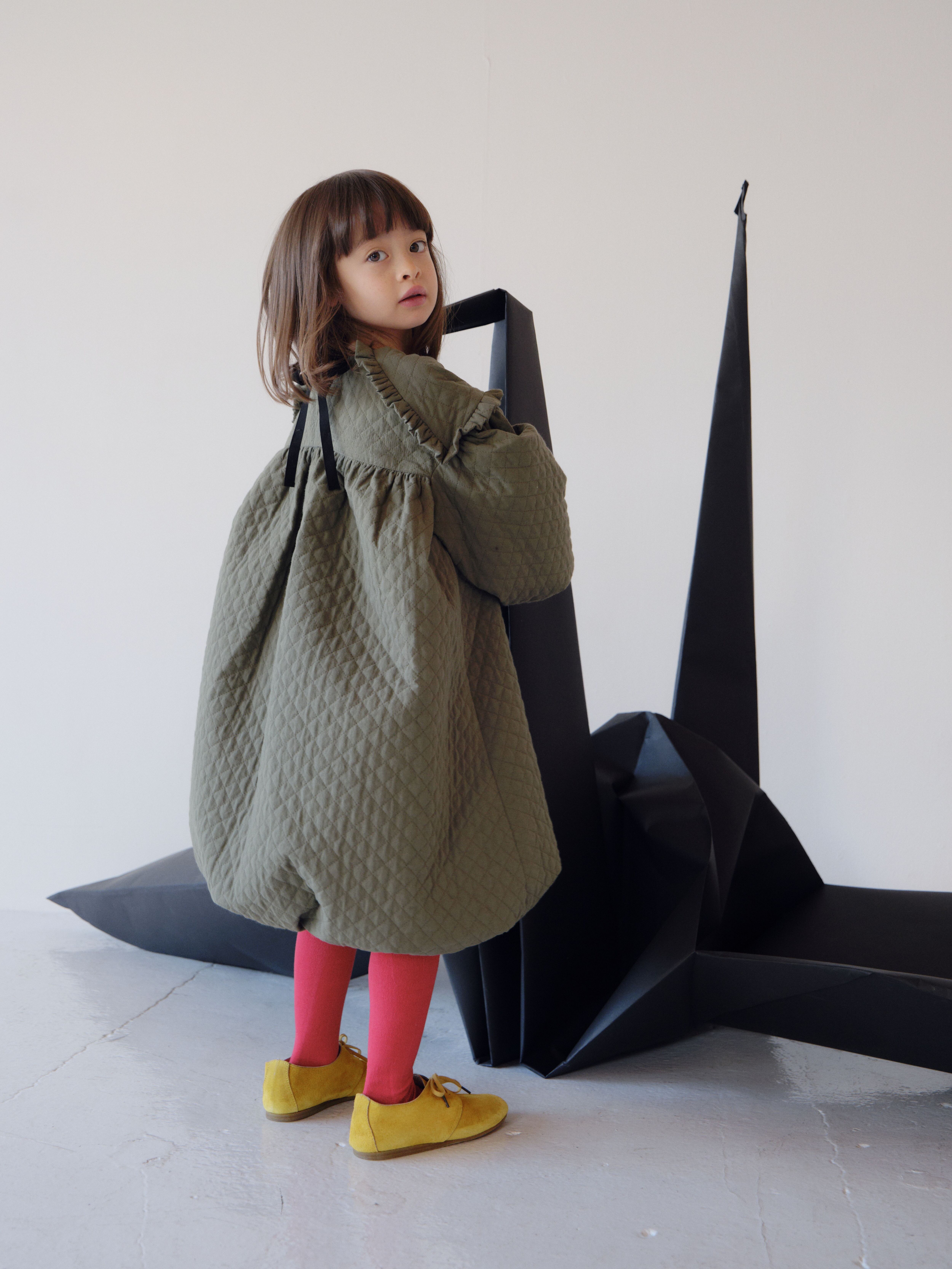 26AW】folkmade(フォークメイド)Quilted Balloon Dress OLIVE GREEN(LL