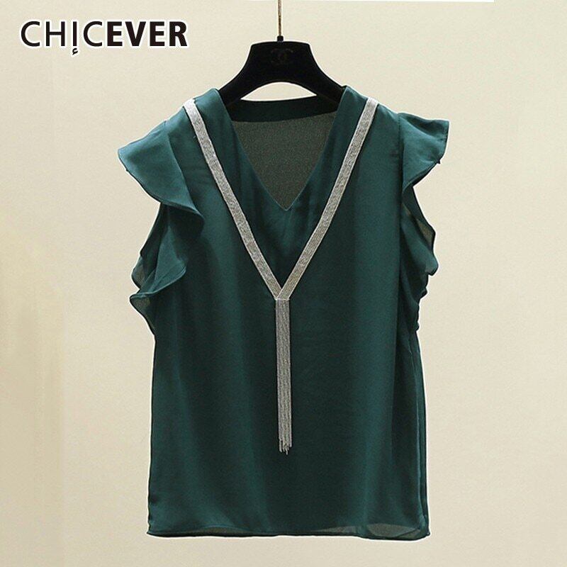 CHICEVERサマースウィートソリッドシフォンレディースシャツVネックバタフライスリーブルーズスリムトップ2020 大人ガーリー キュート カジュアル 夏物 ソリッドカラー 6base512618398226