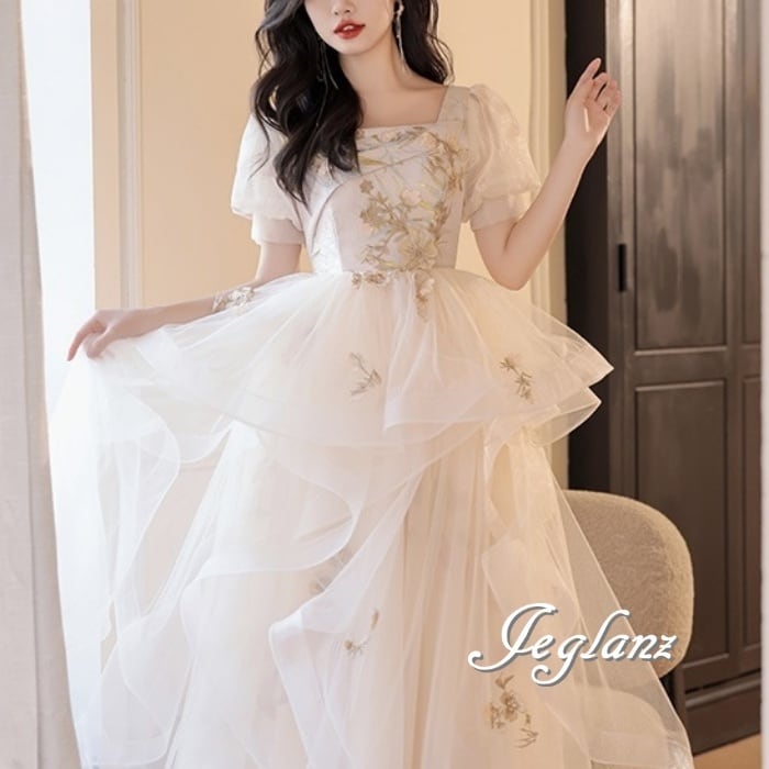 華やか パーティ イブニングドレス 背中 編み上げ レイヤード(M7012)ζ