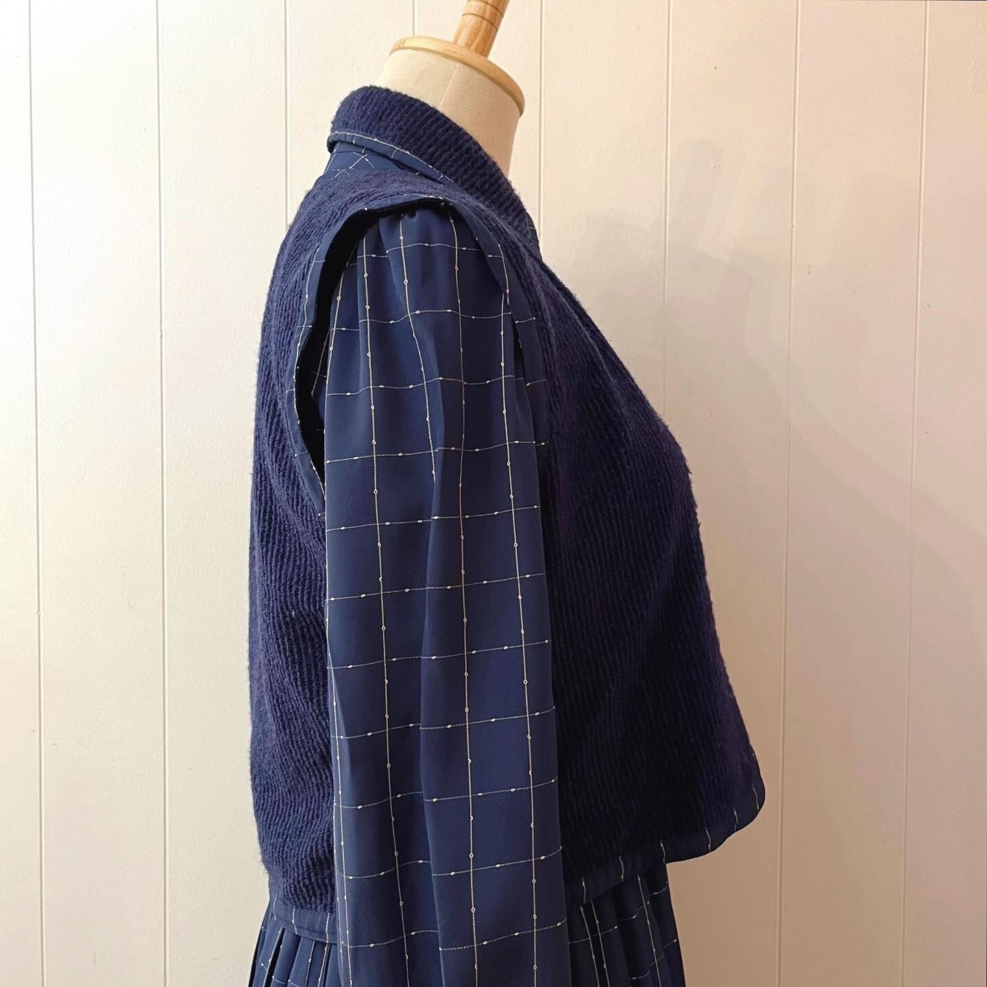 navy white check vest set one-piece