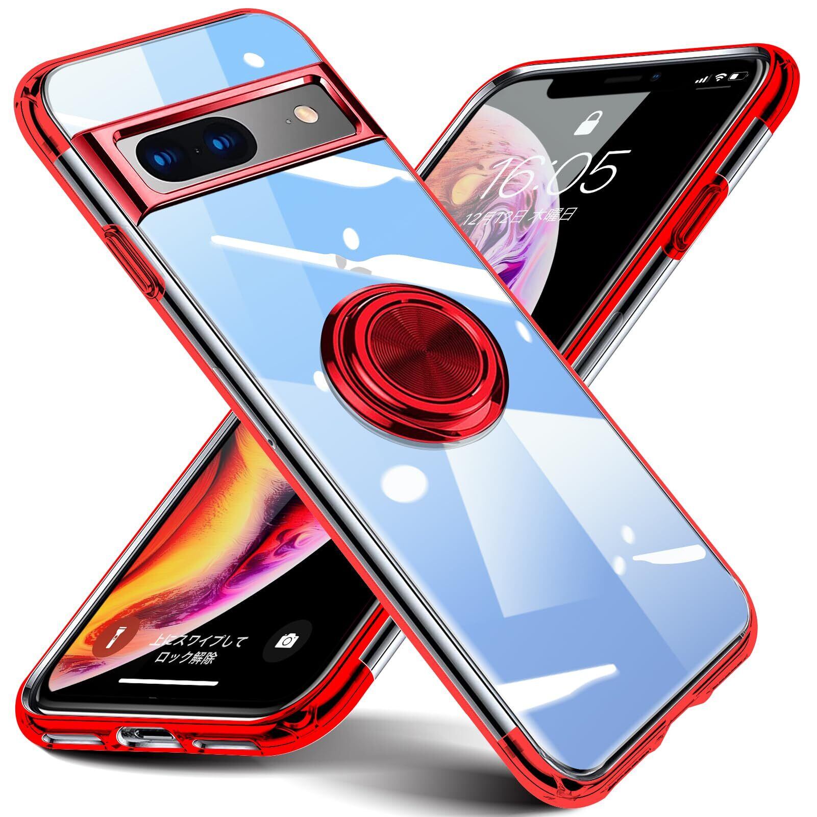 【数量限り】Google Pixel 6A 5G ケース リング付き クリア 透明 柔軟 TPU 耐衝撃 車載ホルダー対応 米軍MIL規格 ストラップホール付き 薄型 軽量 擦り傷防止 耐久 スリム ピクセル 6a 5g ケース(赤)R63-YXZH-P6A-HON