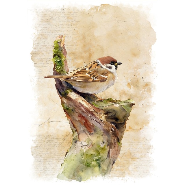 絵画 動物 鳥 スズメ インテリアアート額付き 水彩画・油絵風 WAT1131