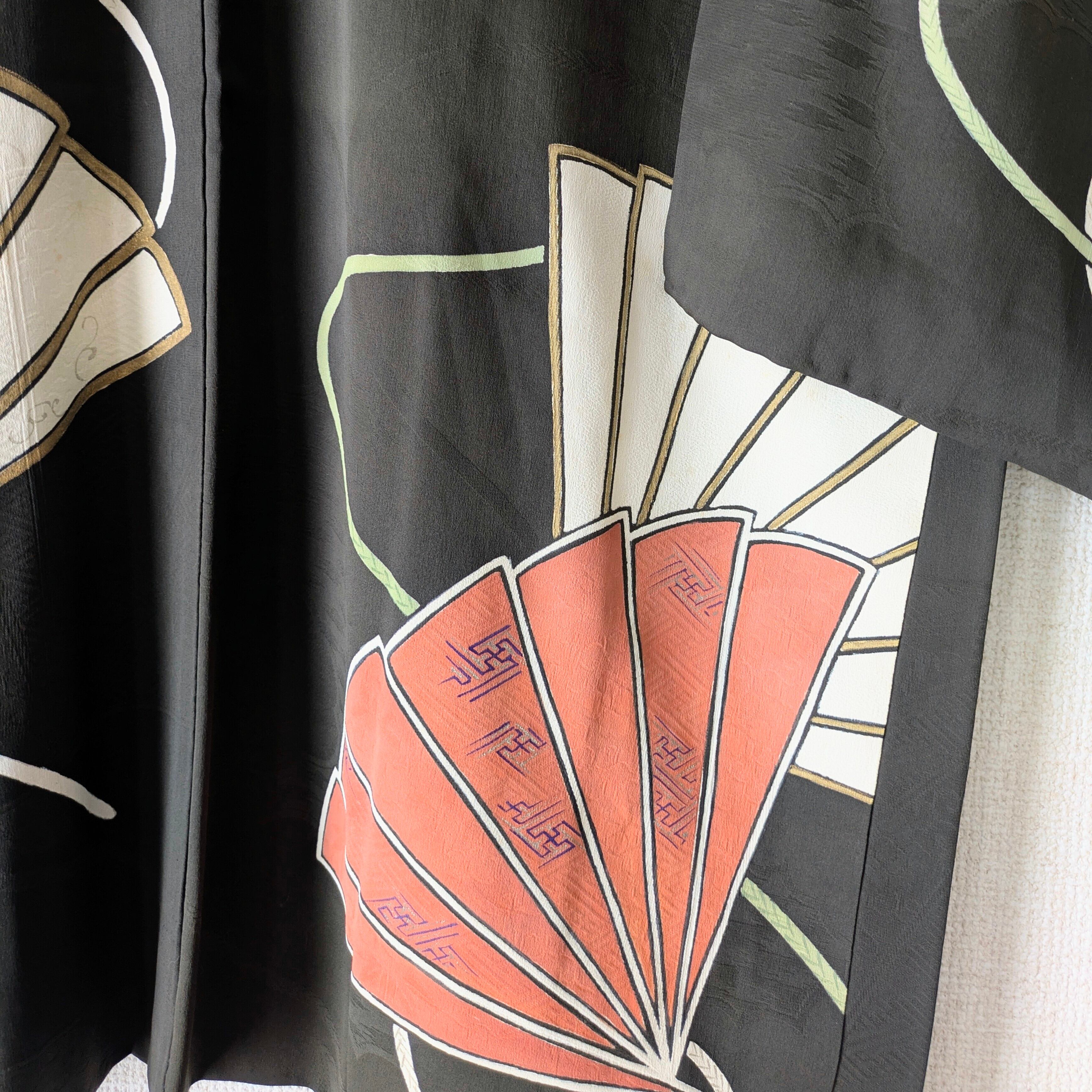 Antique】HAORI 長羽織 羽織 正絹 黒 絵羽織 舞扇柄 大正浪漫 古布