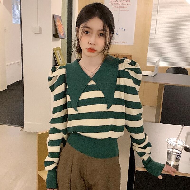 スタンダードストライププルオーバー セーター オータムウィンタートップス レトロ 秋物 冬物 萌量不足81398372311