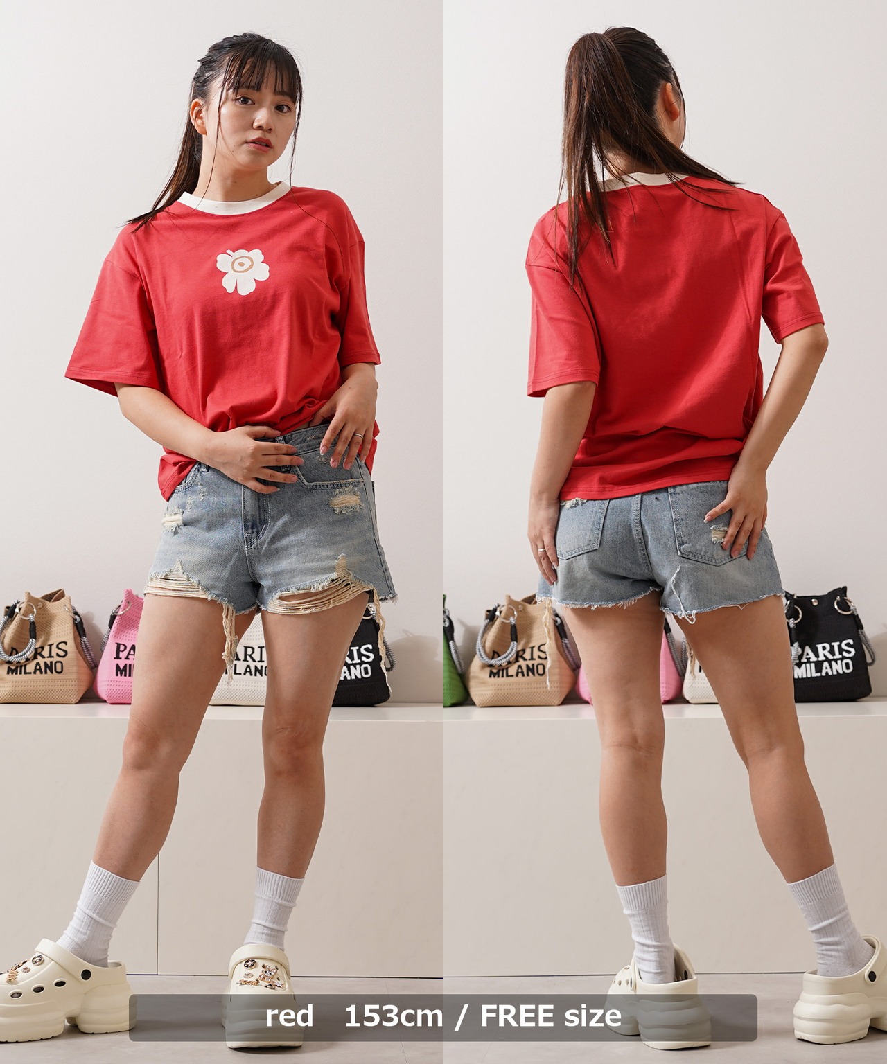 ◆リンガーネック フラワーTシャツ◆kr-26103