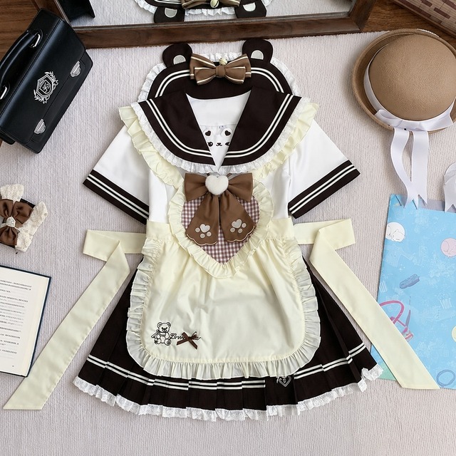 くま耳ショコラ学園のセーラー服 ハートチェックフリルガーリーエプロン