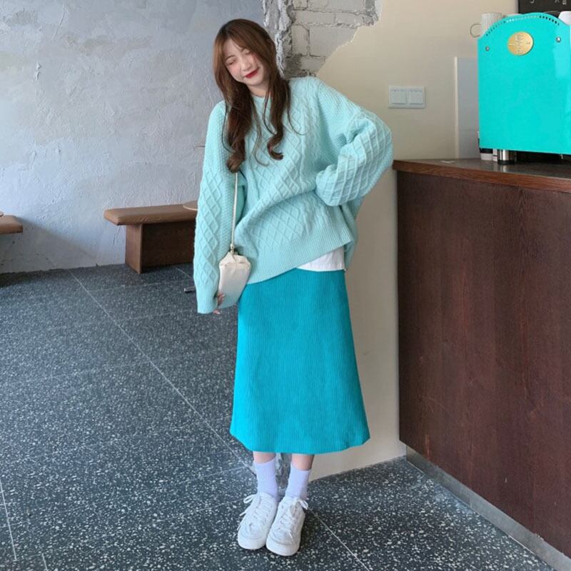 オータムブループルオーバー セーター ハイウェストウェストスリットストレッチスカート エラスティック 伸縮 秋物 YY-ファッション53921733871