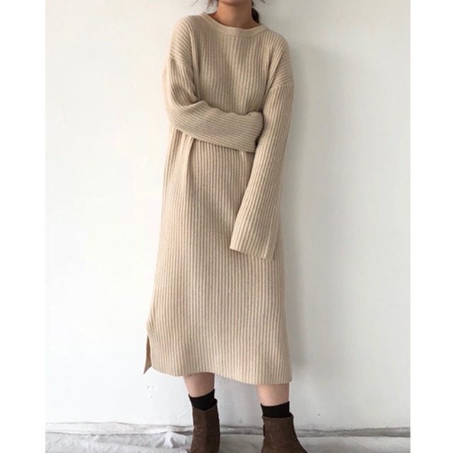 クルーネック リブニット ロングワンピース  ゆったり★２色