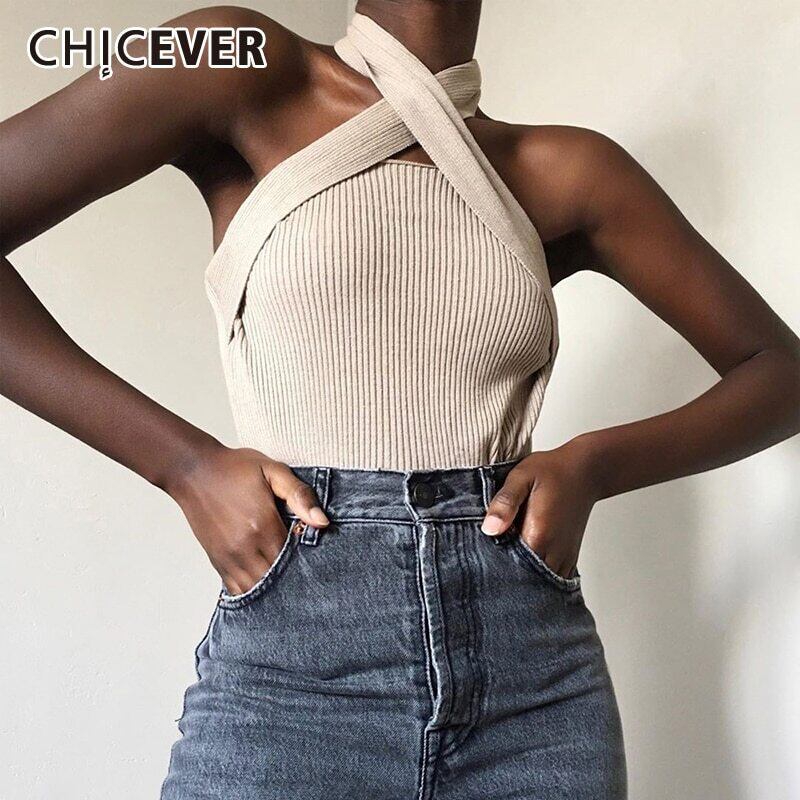 CHICEVERアプリコットセーター女性クロスホルターノースリーブオフシューダーホローアウトニットベストセクシーセーター2020スタイル 6base596839405834