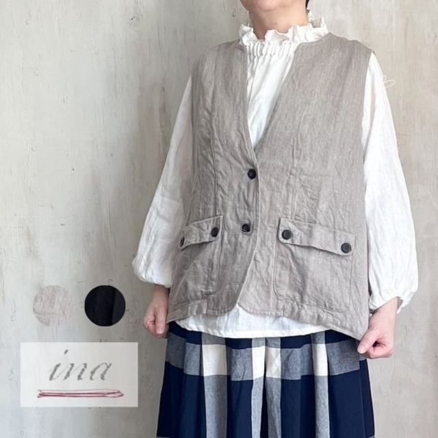重ね着を楽しむ、リネン100% V開きベスト／ina  263125