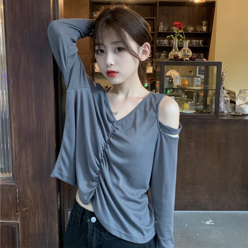 プリーツVネックTシャツ スプリングルーズ薄手ブラウス ロング 春物 オフショルダー 萌量不足35289114131